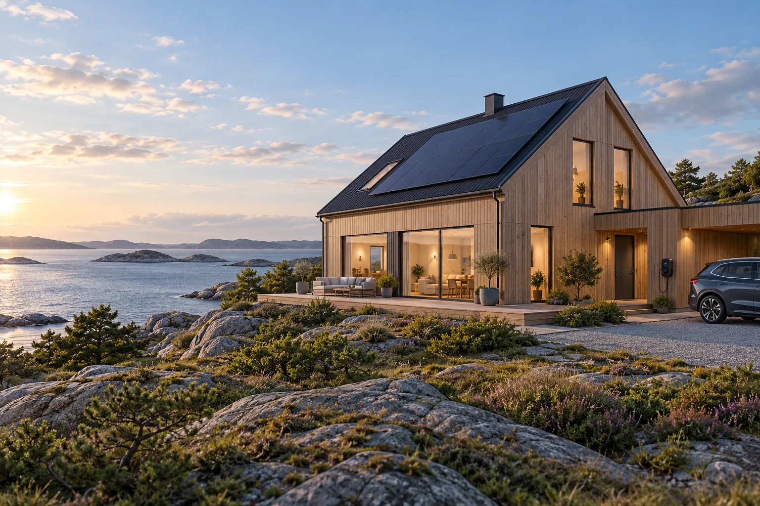 Illustrasjon av en bolig ved kysten med solceller, elbillader og varm belysning