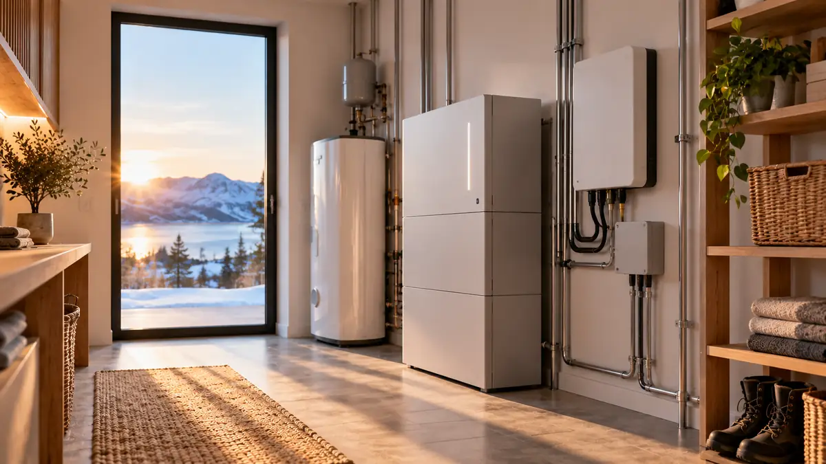 Hjemmebatteri og energisystem i et moderne teknisk rom