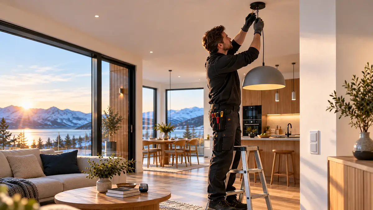 Elektriker monterer belysning i moderne nordisk hjem