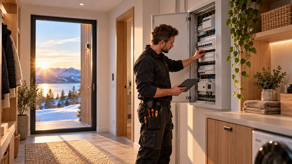 Elektriker arbeider ved et åpent sikringsskap i moderne bolig