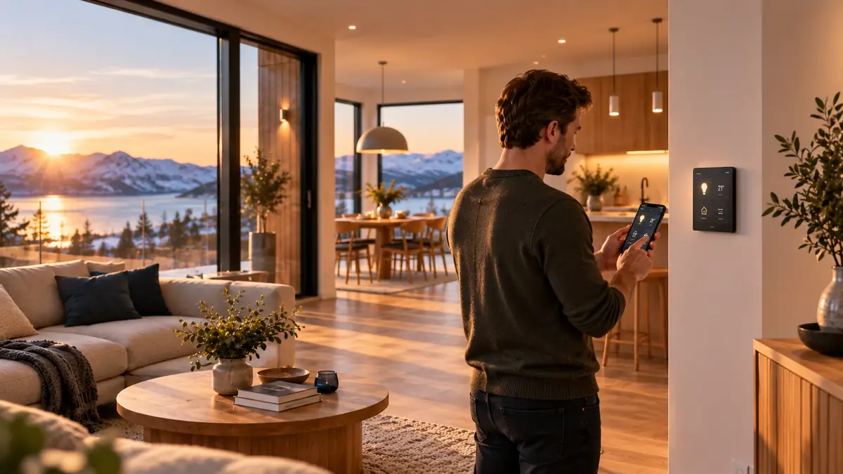 Beboer styrer smarthus fra mobiltelefon i moderne nordisk hjem