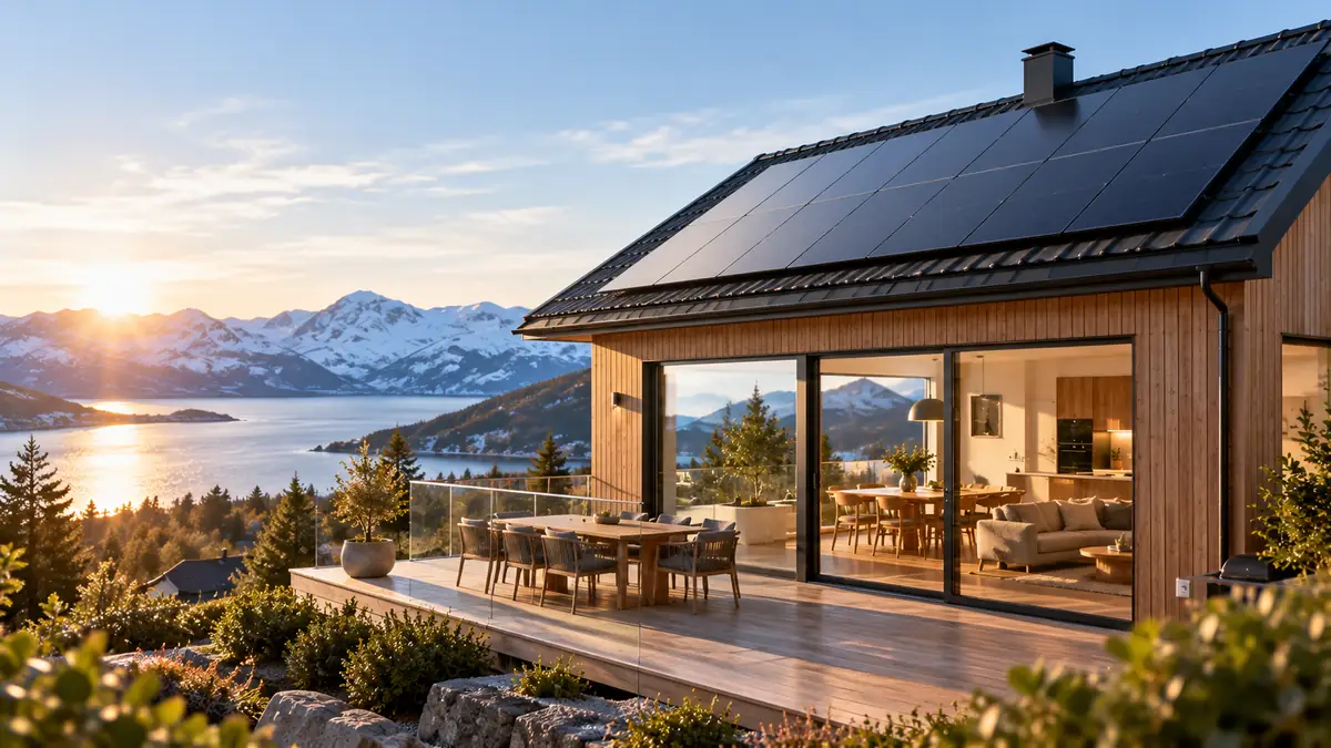 Moderne nordisk bolig med solcellepaneler på taket