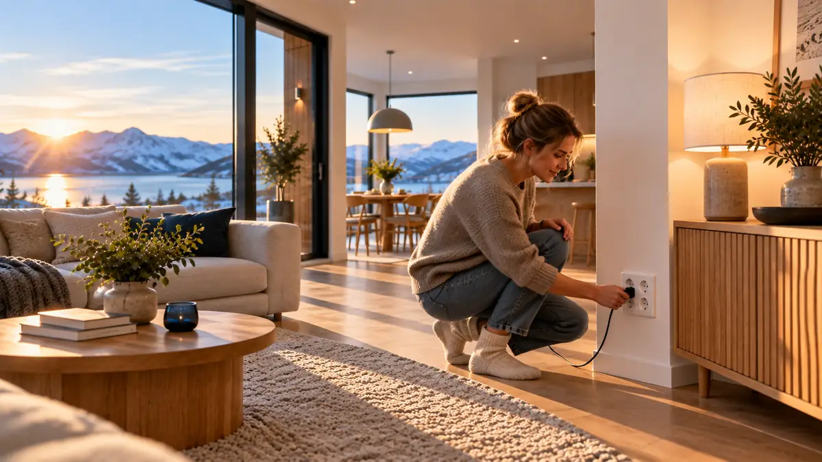 Stikkontakt i bruk i en moderne nordisk stue